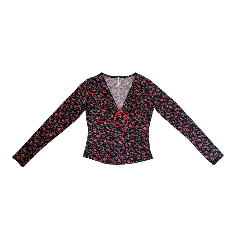 Free People Whimsigoth Floral Rose Granny V-Neck Long Sleeve Top Black Red Small